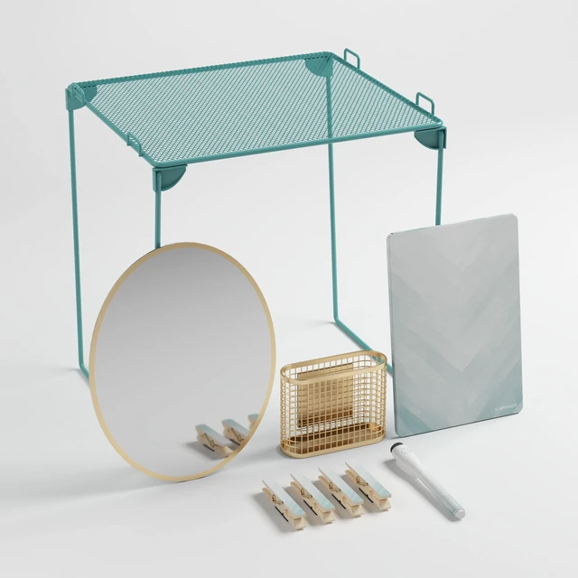 Main image of Magnetic Locker Organizer Kit with Decor, Blue Nine pieces: a 12 inch stackable metal shelf holding 25 lb, gold oval mirror, wire cup, chevron dry erase board, 4 magnets