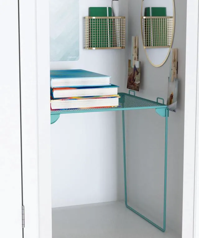 Alt view image 2 of 7 - Magnetic Locker Organizer Kit with Decor, Blue Nine pieces: a 12 inch stackable metal shelf holding 25 lb, gold oval mirror, wire cup, chevron dry erase board, 4 magnets