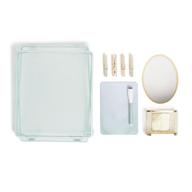 Alt view image 3 of 7 - Magnetic Locker Organizer Kit with Decor, Blue Nine pieces: a 12 inch stackable metal shelf holding 25 lb, gold oval mirror, wire cup, chevron dry erase board, 4 magnets