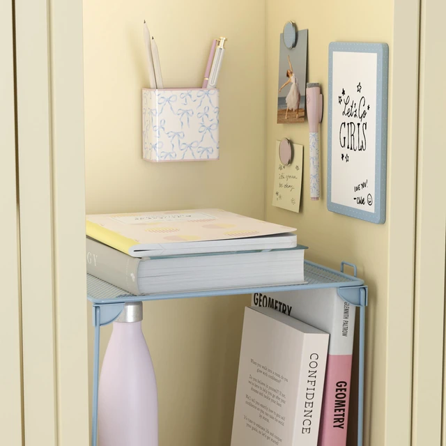 Alt view image 2 of 7 - Magnetic Locker Organizer Kit with Decor, Charming Coquette Six pieces: a 10 inch stackable metal locker shelf, dry erase board, magnetic cup, marker and two bow-print magnets