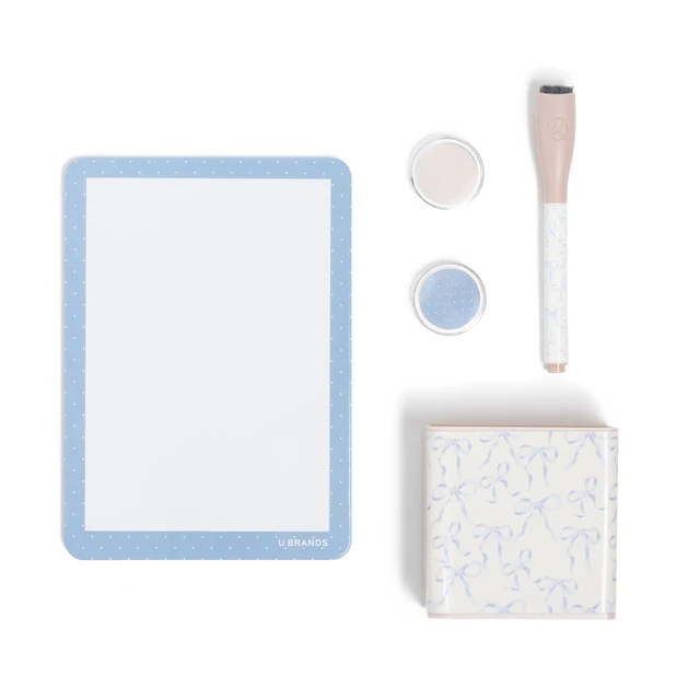 Alt view image 6 of 7 - Magnetic Locker Organizer Kit with Decor, Charming Coquette Six pieces: a 10 inch stackable metal locker shelf, dry erase board, magnetic cup, marker and two bow-print magnets