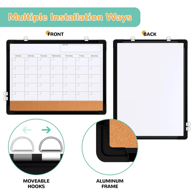Alt view image 3 of 7 - Monthly Calendar Whiteboard for Wall, 24x18 Inches Dry Erase Board with Cork Board Combo, Magnetic White Board, Double-Sided Hanging Portable Board for Office School Home Kitchen Planner, Black