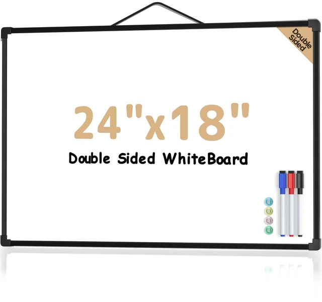 Main image of White Board for Wall, 24" x 18" Double Sided Whiteboard,Black Frame Double sided Dry Erase Board, Hanging for Home, School, Office, Includes 3 Dry Erase Markers 4 magnets Double Sided Tapes