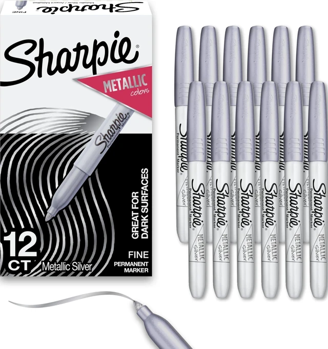 Main image of Metallic Permanent Markers, Fine Tip, Silver, 12 Count - For Black Paper or Dark Surfaces, Arts & Crafts, Posters, Classroom Supplies