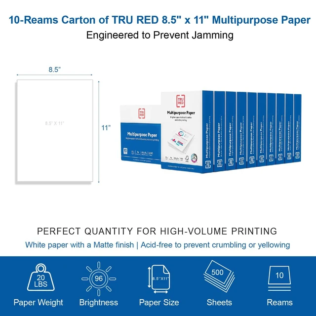 Alt view image 7 of 7 - TRU RED Printer Paper, 8.5 x 11 Inch, 20 lb., For Office, School & Home Reliable multipurpose white paper sized for everyday printing, copying, and faxing needs