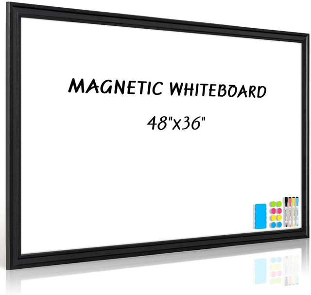 Main image of Large Dry Erase White Board for Wall, 48"x36", Black Wooden Frame Magnetic, Decorative Whiteboard, Wall Mounted, for Home, Office, Kitchen, Dorm, 4 Markers, 6 Magnets, A Eraser