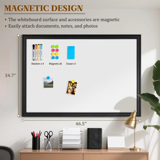 Alt view image 2 of 7 - Large Dry Erase White Board for Wall, 48"x36", Black Wooden Frame Magnetic, Decorative Whiteboard, Wall Mounted, for Home, Office, Kitchen, Dorm, 4 Markers, 6 Magnets, A Eraser