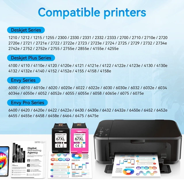 Alt view image 2 of 7 - Printer Ink 67 Compatible for HP 67 Ink Cartridges Black/Color Combo Pack for HP Ink 67 for HP 67 Ink Fit for DeskJet 2855e 2800e 4155e 2755e 2700 2700e 4100 4255e Envy 6055e 6455e 6000 6400 Printer