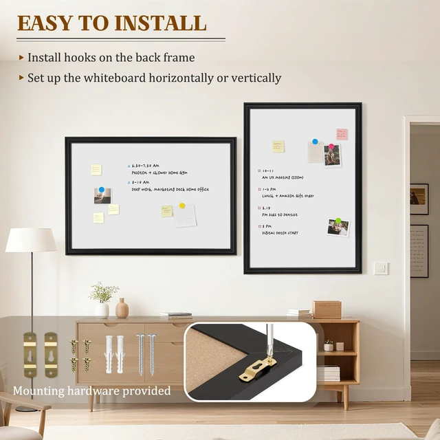 Alt view image 5 of 7 - Large Dry Erase White Board for Wall, 48"x36", Black Wooden Frame Magnetic, Decorative Whiteboard, Wall Mounted, for Home, Office, Kitchen, Dorm, 4 Markers, 6 Magnets, A Eraser