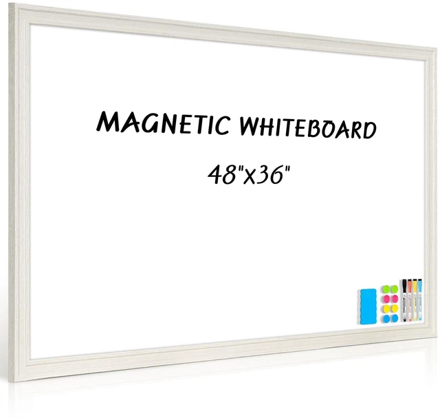 Main image of Large Dry Erase White Board for Wall, 48"x36", Vintage White Wooden Frame Magnetic, Decorative Whiteboard, Wall Mounted, for Home, Office, Kitchen, Dorm, 4 Markers, 6 Magnets, A Eraser
