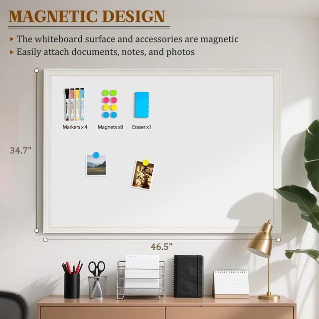 Alt view image 2 of 7 - Large Dry Erase White Board for Wall, 48"x36", Vintage White Wooden Frame Magnetic, Decorative Whiteboard, Wall Mounted, for Home, Office, Kitchen, Dorm, 4 Markers, 6 Magnets, A Eraser