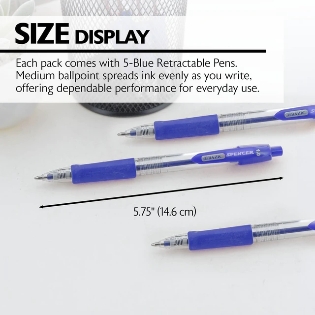 Alt view image 2 of 7 - Spencer Blue Ink Retractable Pens, 1.0 mm, 5 Ct, 24-Box Smooth quick-dry ink, Blue ink retractable ballpoint pens, Soft cushion grip, 1.0 mm medium, One-click, Pocket clip