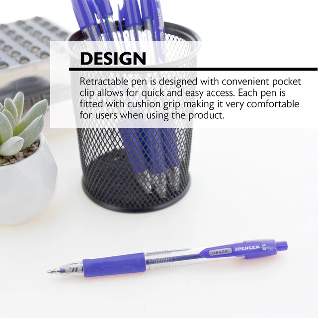 Alt view image 4 of 7 - Spencer Blue Ink Retractable Pens, 1.0 mm, 5 Ct, 24-Box Smooth quick-dry ink, Blue ink retractable ballpoint pens, Soft cushion grip, 1.0 mm medium, One-click, Pocket clip