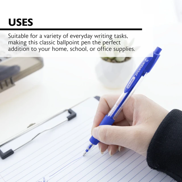 Alt view image 3 of 7 - Spencer Blue Ink Retractable Pens, 1.0 mm, 5 Ct, 24-Box Smooth quick-dry ink, Blue ink retractable ballpoint pens, Soft cushion grip, 1.0 mm medium, One-click, Pocket clip