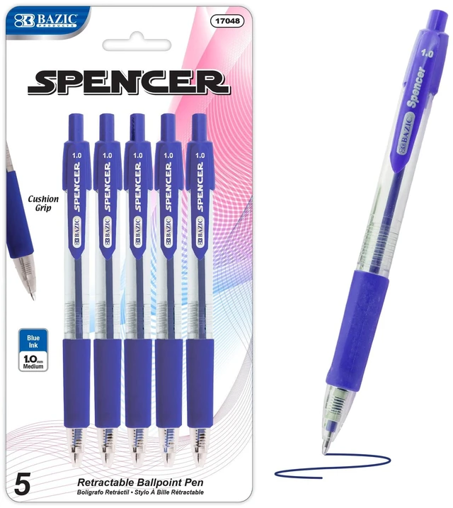 Main image of Spencer Blue Ink Retractable Pens, 1.0 mm, 5 Ct, 24-Box Smooth quick-dry ink, Blue ink retractable ballpoint pens, Soft cushion grip, 1.0 mm medium, One-click, Pocket clip