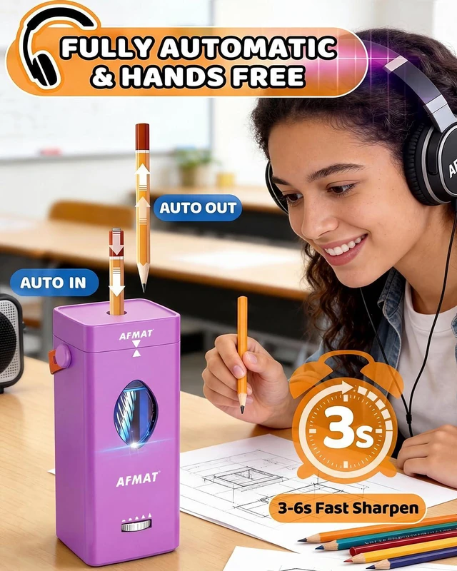 Alt view image 2 of 7 - Electric Pencil Sharpener, Fully Automatic Pencil Sharpener for 6-12mm No.2/Jumbo Pencils, Auto in & Out, 5 Sharpness Modes, Rechargeable Heavy Duty Sharpeners for Classroom/Home/Office PSC7