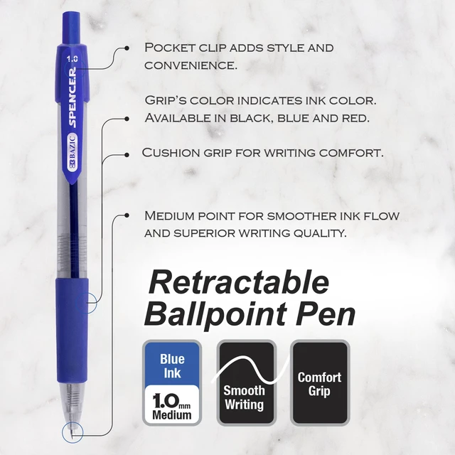 Alt view image 5 of 7 - Spencer Blue Ink Retractable Pens, 1.0 mm, 5 Ct, 24-Box Smooth quick-dry ink, Blue ink retractable ballpoint pens, Soft cushion grip, 1.0 mm medium, One-click, Pocket clip