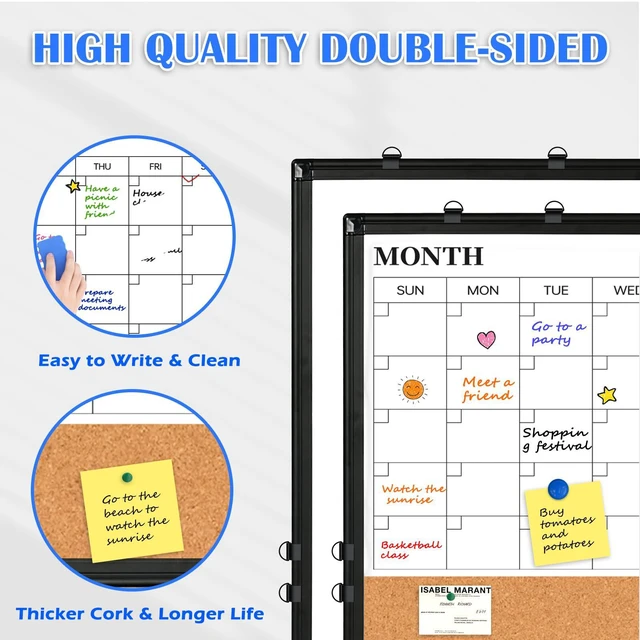 Alt view image 3 of 7 - Calendar Whiteboard Dry Erase for Wall, 24" x 18" Month White Board Black Double-Sided Magnetic, Calendar Cork Whiteboard Combo, Aluminium Frame, Bulletin Portable Board, Home Office School
