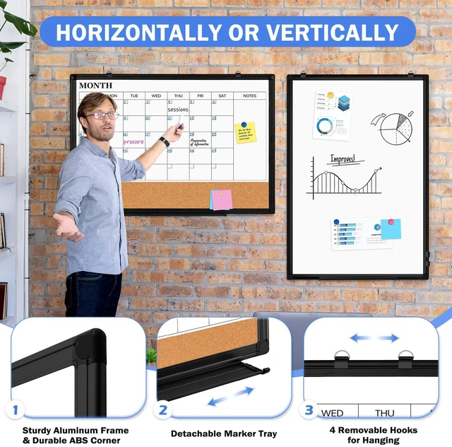 Alt view image 7 of 7 - Calendar Whiteboard Dry Erase for Wall, 24" x 18" Month White Board Black Double-Sided Magnetic, Calendar Cork Whiteboard Combo, Aluminium Frame, Bulletin Portable Board, Home Office School