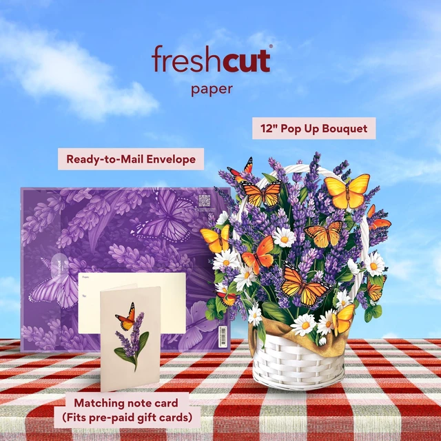 Alt view image 3 of 7 - Pop Up Cards, Lavender & Butterflies, 12 Inch Life Sized Forever Flower Bouquet 3D Popup Greeting Card, Birthday & Thank You Card, Blank Notecard & Envelope (Pack of 2)