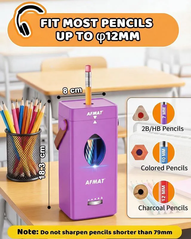 Alt view image 3 of 7 - Electric Pencil Sharpener, Fully Automatic Pencil Sharpener for 6-12mm No.2/Jumbo Pencils, Auto in & Out, 5 Sharpness Modes, Rechargeable Heavy Duty Sharpeners for Classroom/Home/Office PSC7