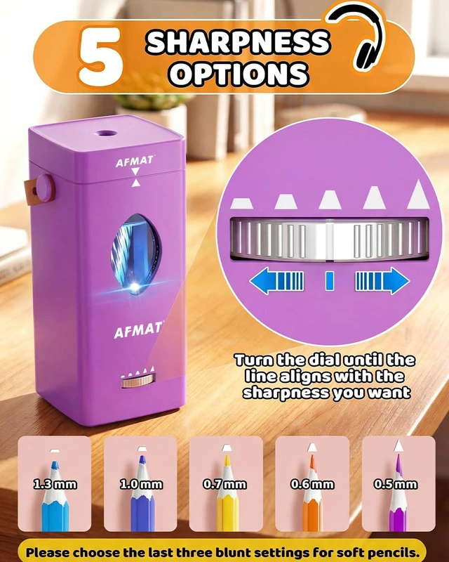 Alt view image 4 of 7 - Electric Pencil Sharpener, Fully Automatic Pencil Sharpener for 6-12mm No.2/Jumbo Pencils, Auto in & Out, 5 Sharpness Modes, Rechargeable Heavy Duty Sharpeners for Classroom/Home/Office PSC7