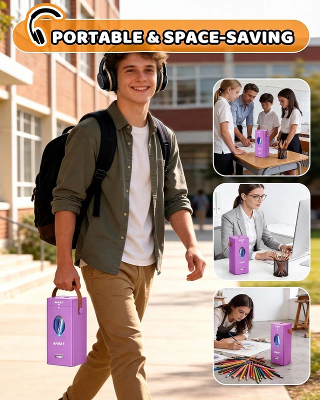 Alt view image 7 of 7 - Electric Pencil Sharpener, Fully Automatic Pencil Sharpener for 6-12mm No.2/Jumbo Pencils, Auto in & Out, 5 Sharpness Modes, Rechargeable Heavy Duty Sharpeners for Classroom/Home/Office PSC7
