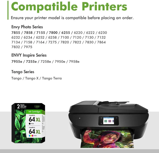 Alt view image 2 of 7 - 64 64XL Black and Color Ink Cartridges for HP Printers 1 Black,1 Tri-Color Compatible for HP64XL Ink Cartridges Black/Color Combo Pack for HP Envy Photo 7855 7858 7155 7800 6255 7200 Tango Series