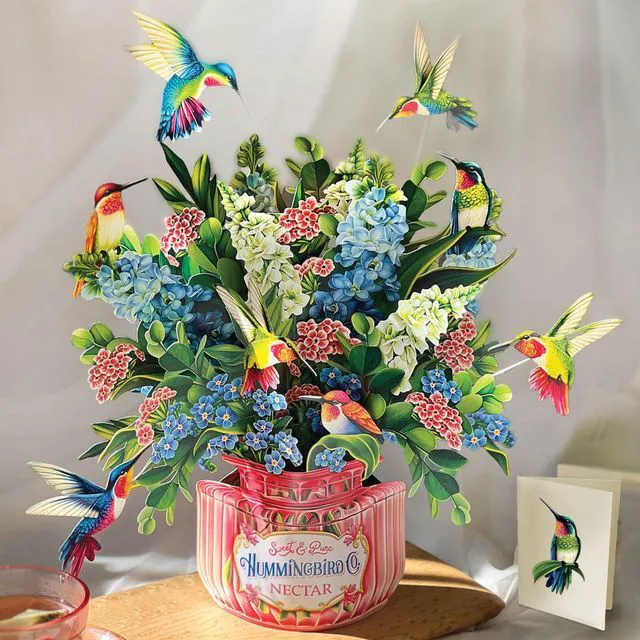 Alt view image 2 of 7 - Pop Up Cards, Hummingbird Oasis, 12 Inch Life Sized Forever Flower Bouquet 3D Popup Greeting Card, Birthday Cards, Thank You Card, Blank Notecard & Envelope