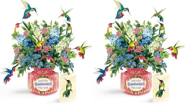 Main image of Pop Up Cards, Hummingbird Oasis, 12 Inch Life Sized Forever Flower Bouquet 3D Popup Greeting Card, Birthday Cards, Thank You Card, Blank Notecard & Envelope (Pack of 2)