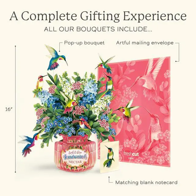 Alt view image 4 of 7 - Pop Up Cards, Hummingbird Oasis, 12 Inch Life Sized Forever Flower Bouquet 3D Popup Greeting Card, Birthday Cards, Thank You Card, Blank Notecard & Envelope