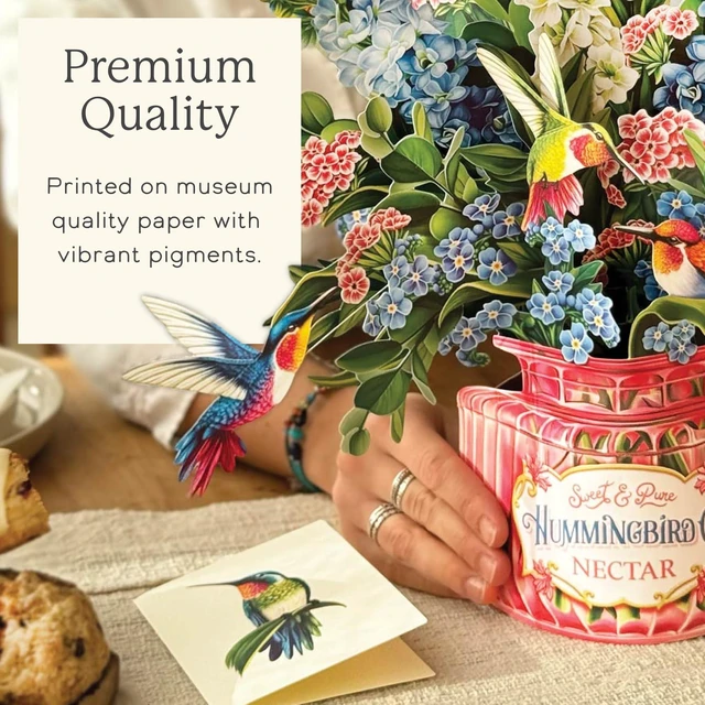 Alt view image 5 of 7 - Pop Up Cards, Hummingbird Oasis, 12 Inch Life Sized Forever Flower Bouquet 3D Popup Greeting Card, Birthday Cards, Thank You Card, Blank Notecard & Envelope