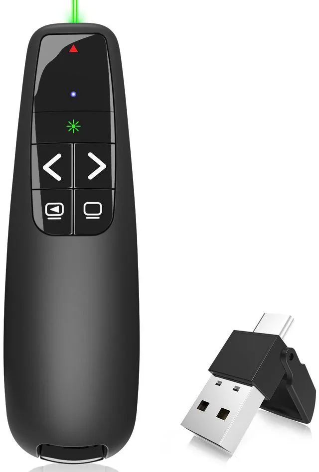 Main image of Wireless Presentation Clicker Remote for PowerPoint, Presenter Ergonomic 2in1 USB/Type C Receiver PowerPoint Remote with Green Laser Pointer for Computer Laptop/PPT/Google Slides