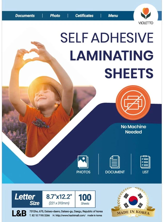 Main image of Self Stick Laminating Sheets 8.5 x 11 Inches, 4mil, Pack of 100 Letter size sheets with a clear glossy finish for photos, cards, certificates, menus and name tags at home or school