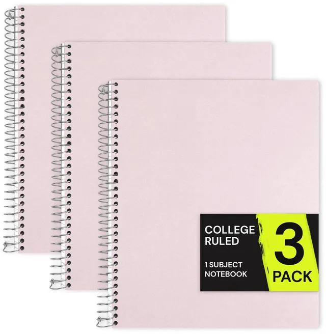 Main image of Pink 1 Subject Spiral Notebook College Ruled 3 Pack, 200 Pages 100 Sheets, 9 x 11 in, Waterproof Plastic Cover, Durable, 3-Hole Punched, Divider, Double-Sided Pocket, Study: Amazon.com