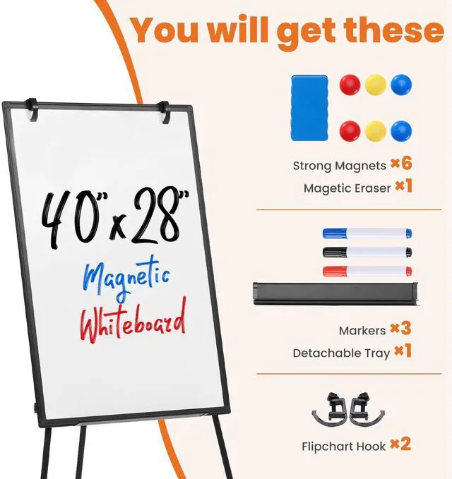 Alt view image 4 of 7 - 40" x 28" Magnetic White Board with Stand, Standing Dry Erase Board, Whiteboard with 1 Dry Eraser & 2 Multicolor Markers & 4 Magnetic Pins, Aluminium Frame for Home, School, Office, Black
