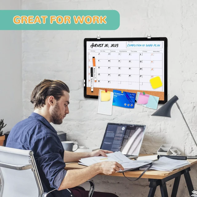 Alt view image 4 of 7 - Monthly Calendar Whiteboard for Wall, 24x18 Inches Dry Erase Board with Cork Board Combo, Magnetic White Board, Double-Sided Hanging Portable Board for Office School Home Kitchen Planner, Black