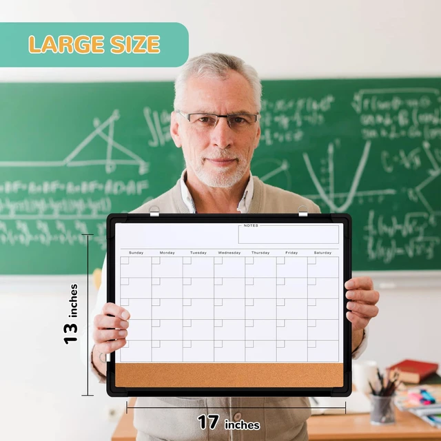 Alt view image 7 of 7 - Monthly Calendar Whiteboard for Wall, 24x18 Inches Dry Erase Board with Cork Board Combo, Magnetic White Board, Double-Sided Hanging Portable Board for Office School Home Kitchen Planner, Black