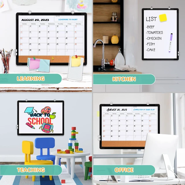 Alt view image 5 of 7 - Monthly Calendar Whiteboard for Wall, 24x18 Inches Dry Erase Board with Cork Board Combo, Magnetic White Board, Double-Sided Hanging Portable Board for Office School Home Kitchen Planner, Black