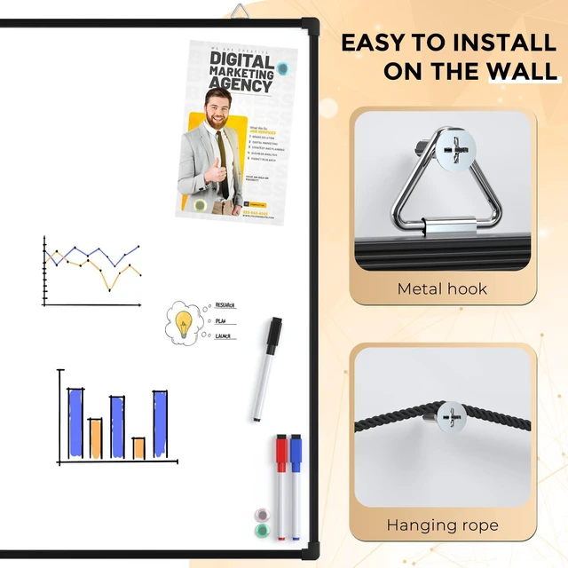 Alt view image 3 of 7 - White Board for Wall, 24" x 18" Double Sided Whiteboard,Black Frame Double sided Dry Erase Board, Hanging for Home, School, Office, Includes 3 Dry Erase Markers 4 magnets Double Sided Tapes