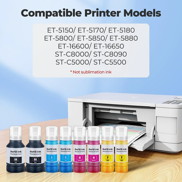 Alt view image 2 of 7 - 8 Pack Compatible for EPT542 Ink Refill Bottles ET-5850 ET-5150 ET-5170 Replacement for EPT542 Ink for ET-5850 ET-5150 ET-5170 ET-16650 ET-5800 ET-16600 ET-5880 ET-5180 ST-C8000 (2BK 2C 2M 2Y)