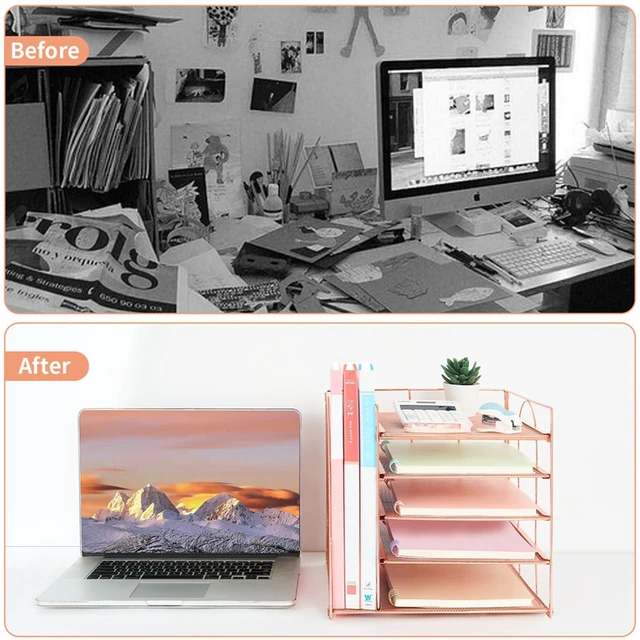 Alt view image 2 of 7 - Desk Organizers and Accessories, 5-Tier Paper Letter Tray Organizer with File Holder, Desktop Organizer for Office Supplies (Rose Gold)