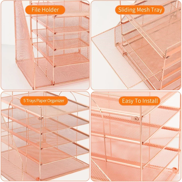 Alt view image 3 of 7 - Desk Organizers and Accessories, 5-Tier Paper Letter Tray Organizer with File Holder, Desktop Organizer for Office Supplies (Rose Gold)
