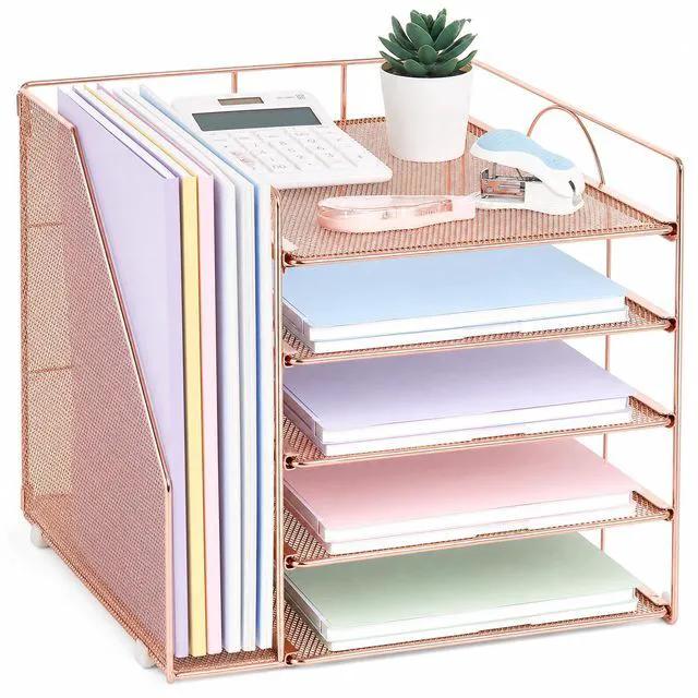 Main image of Desk Organizers and Accessories, 5-Tier Paper Letter Tray Organizer with File Holder, Desktop Organizer for Office Supplies (Rose Gold)