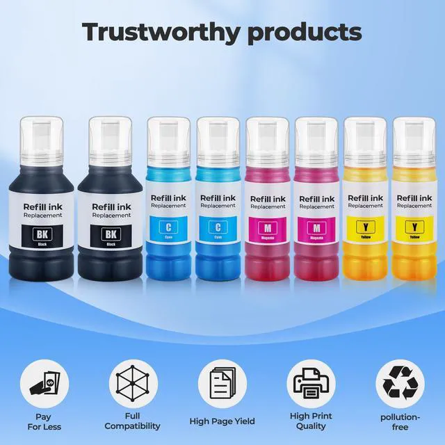 Alt view image 5 of 7 - 8 Pack Compatible for EPT542 Ink Refill Bottles ET-5850 ET-5150 ET-5170 Replacement for EPT542 Ink for ET-5850 ET-5150 ET-5170 ET-16650 ET-5800 ET-16600 ET-5880 ET-5180 ST-C8000 (2BK 2C 2M 2Y)