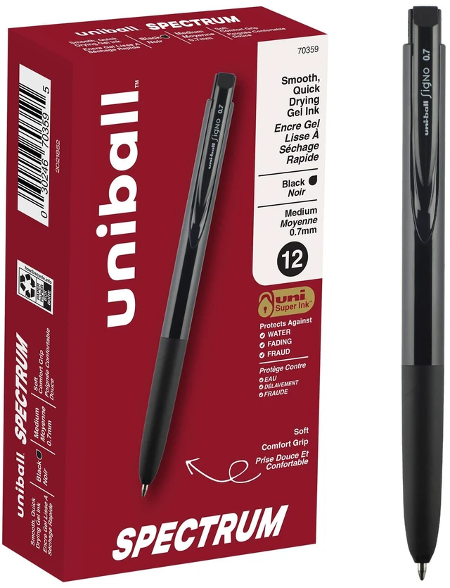 Main image of uniball Spectrum Gel Pens, Medium Point (0.7mm), Black Ink, 12 Pack Friction-free vibrant gel ink, translucent color barrels for easy color-coding, water & fade-resistant uni Super Ink