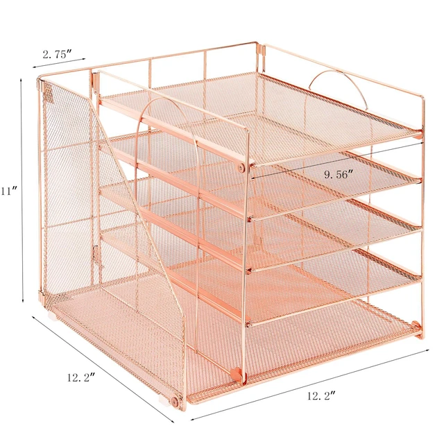 Alt view image 4 of 7 - Desk Organizers and Accessories, 5-Tier Paper Letter Tray Organizer with File Holder, Desktop Organizer for Office Supplies (Rose Gold)