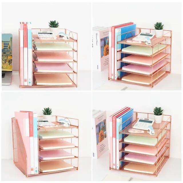 Alt view image 5 of 7 - Desk Organizers and Accessories, 5-Tier Paper Letter Tray Organizer with File Holder, Desktop Organizer for Office Supplies (Rose Gold)