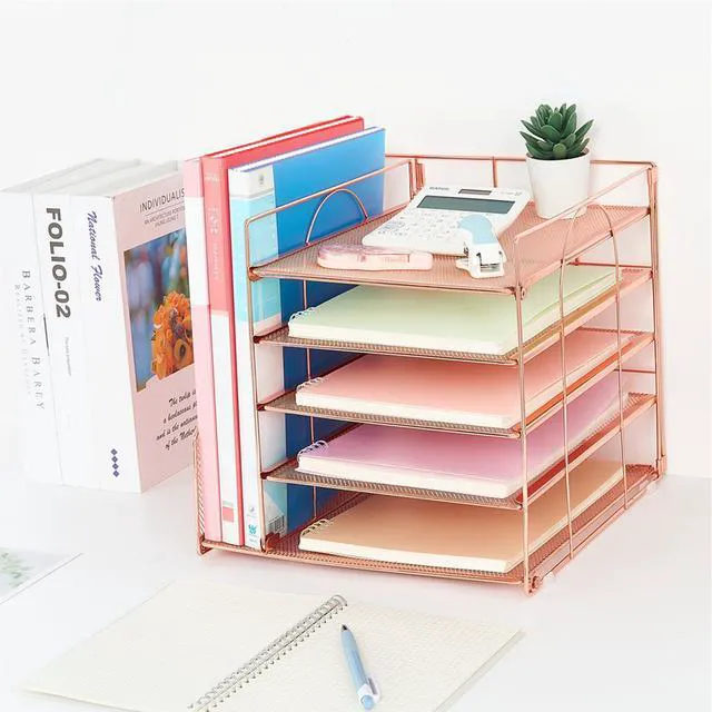 Alt view image 7 of 7 - Desk Organizers and Accessories, 5-Tier Paper Letter Tray Organizer with File Holder, Desktop Organizer for Office Supplies (Rose Gold)