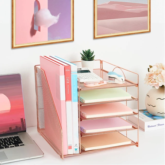 Alt view image 6 of 7 - Desk Organizers and Accessories, 5-Tier Paper Letter Tray Organizer with File Holder, Desktop Organizer for Office Supplies (Rose Gold)